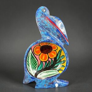 Vintage Hand Painted Wooden Pelican Bowl Floral Folk‎ Art Blue Decorative Dish